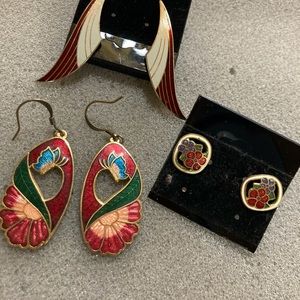 Lot of three cloisonne stud and hook earrings.  Winged studs are signed MEOW